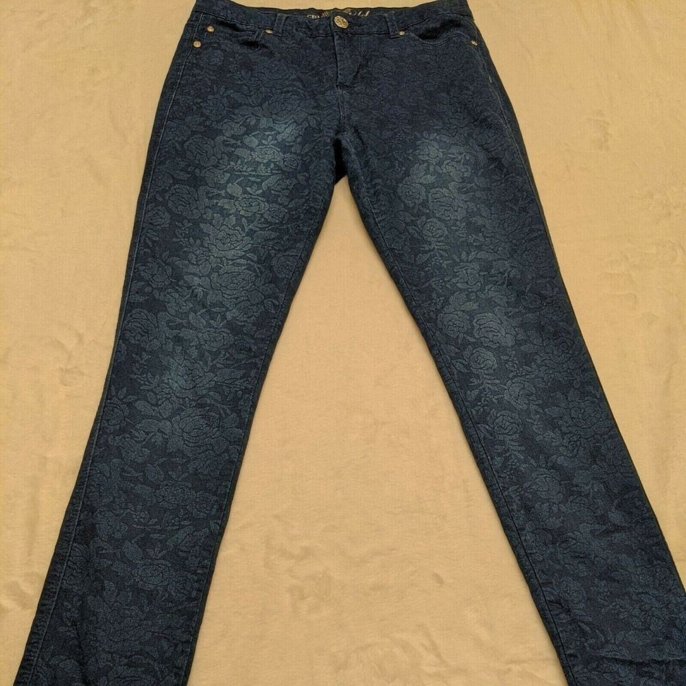 Size 8 Celebrity Gold Women's Dark Blue Skinny Jean Leggings Roses Flowers